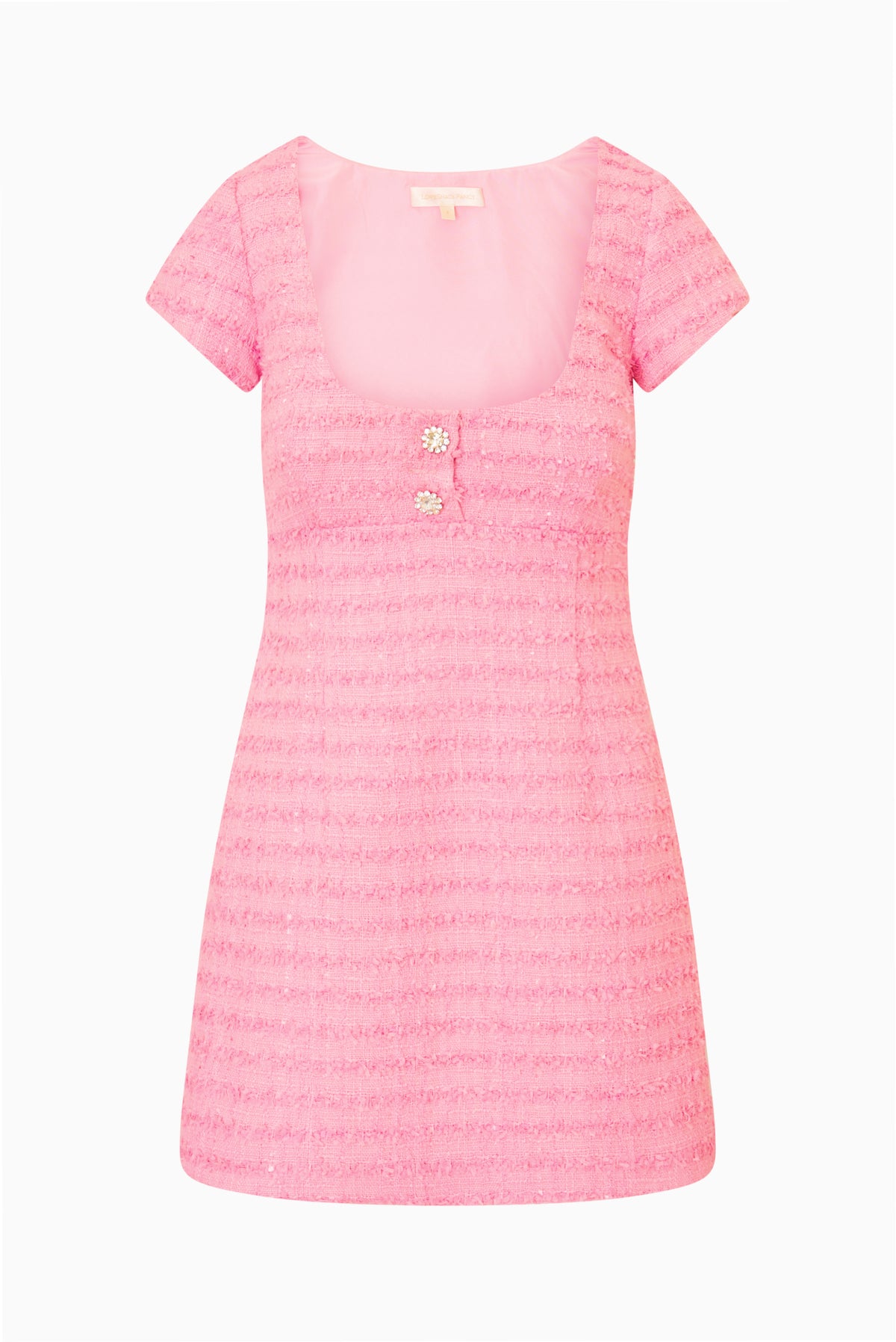Pink tweed mini dress flat lay, short sleeves, scoop neck, and button detail