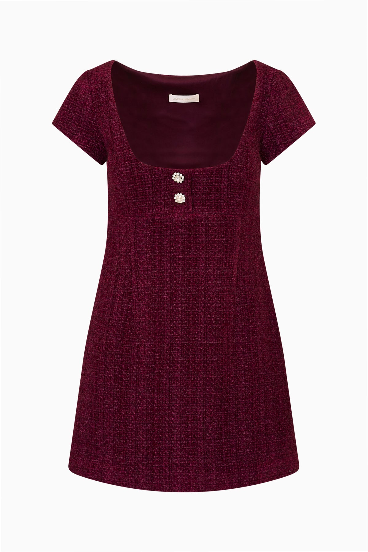 Bordeaux tweed mini dress flat lay, scoop neck, front buttons, short sleeves