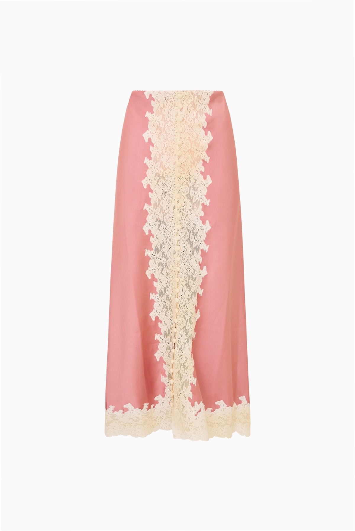 Blush satin maxi skirt with central lace panel and scalloped hem