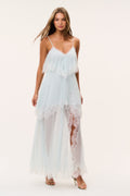 Light aqua silk chiffon maxi dress with lace trims, spaghetti straps, V-neck.