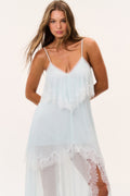 Light aqua silk chiffon maxi dress with spaghetti straps, V-neck bodice, lace fringe hem.