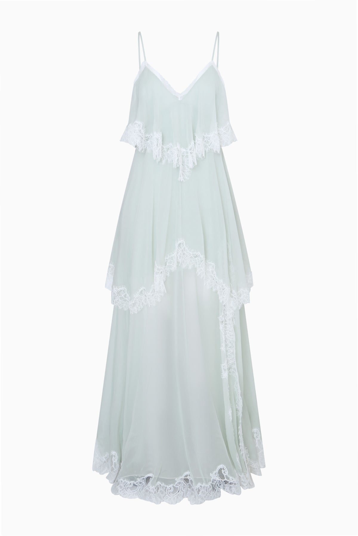 Light aqua silk chiffon maxi dress with lace tiers, fringe detail, and spaghetti straps.