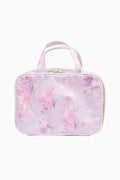Pink floral print travel box with top handle and gold clasp