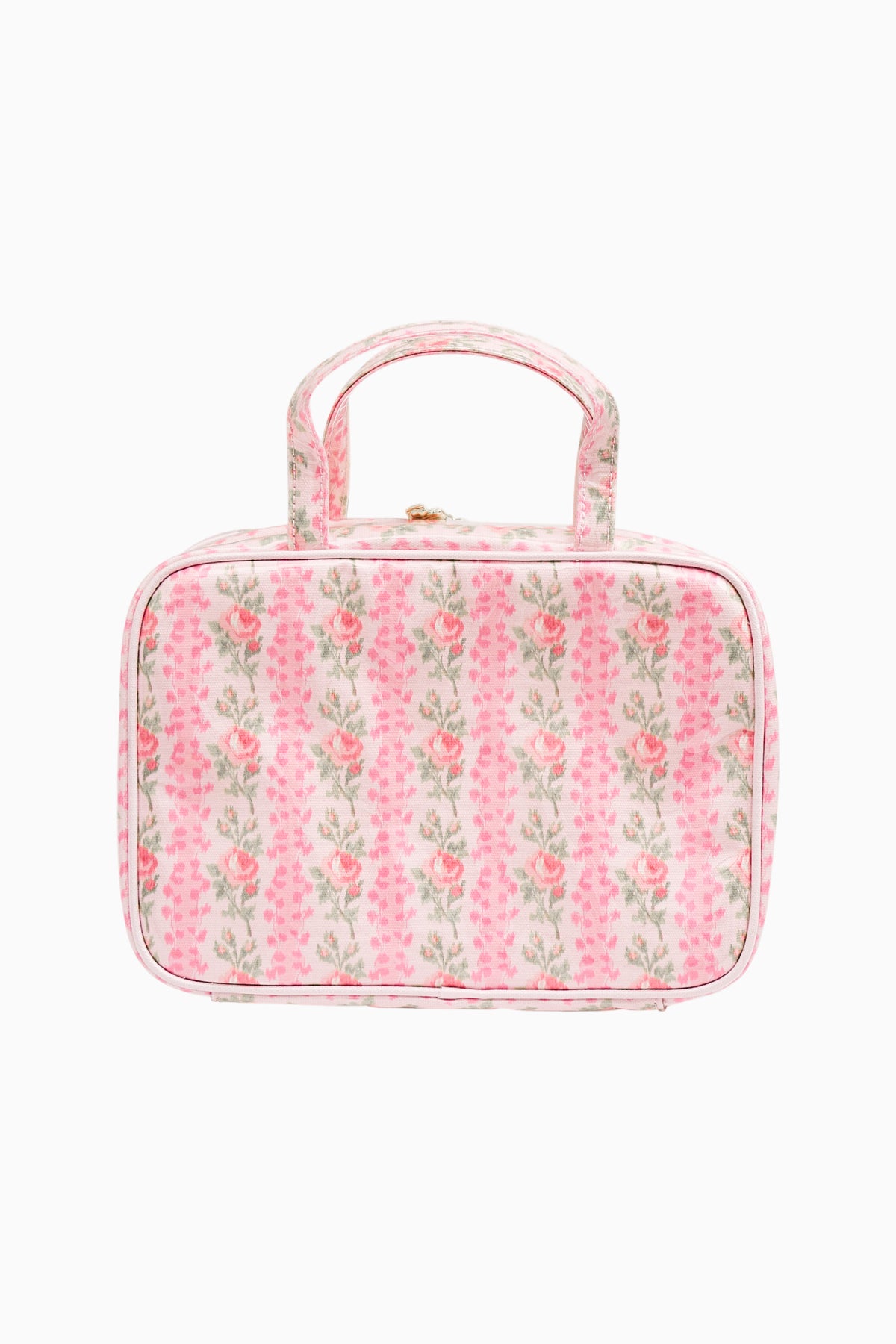 Pink floral print travel box with top handle and rounded front