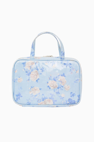 Blue floral print travel box with top handle and gold clasp