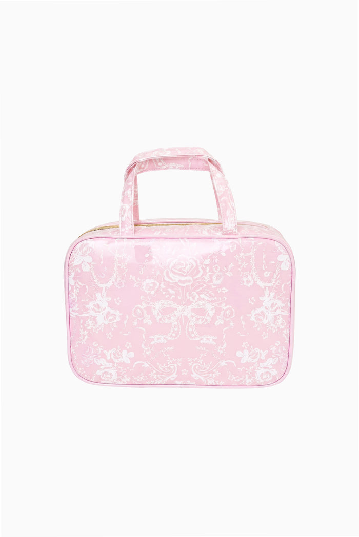 Pink toile print travel box with carry handle and zip closure