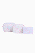 Floral travel pouches set: three zippered rectangular pouches with light pink flower print