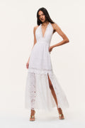 Optic white eyelet halter maxi dress with V-neck detail and side slit hem