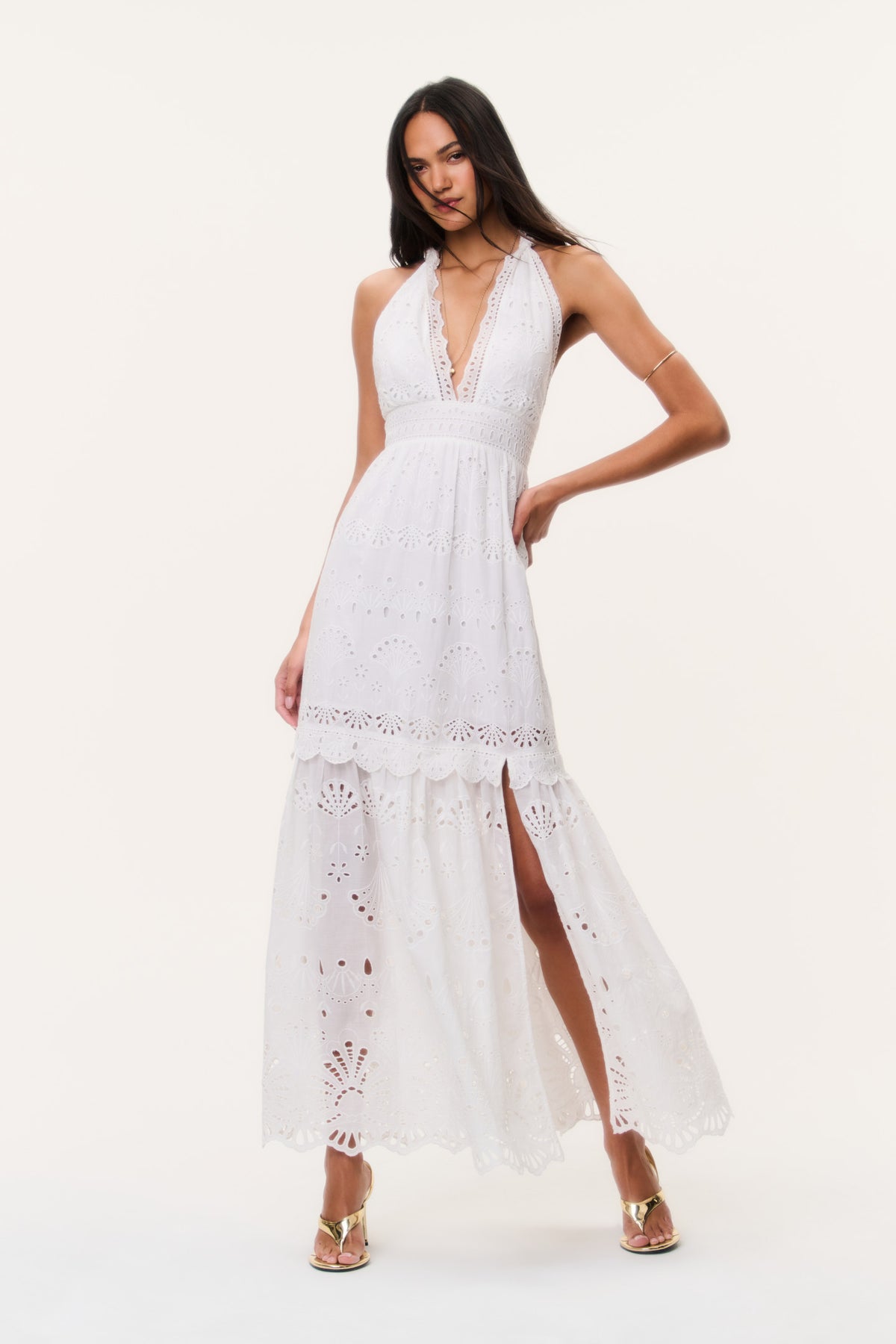 Optic white eyelet halter maxi dress with V-neck detail and side slit hem