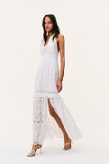 Optic white eyelet halter maxi dress with layered ruffles and backless open back