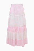 Pink tiered maxi skirt close-up with ruffled layers and mixed print fabric