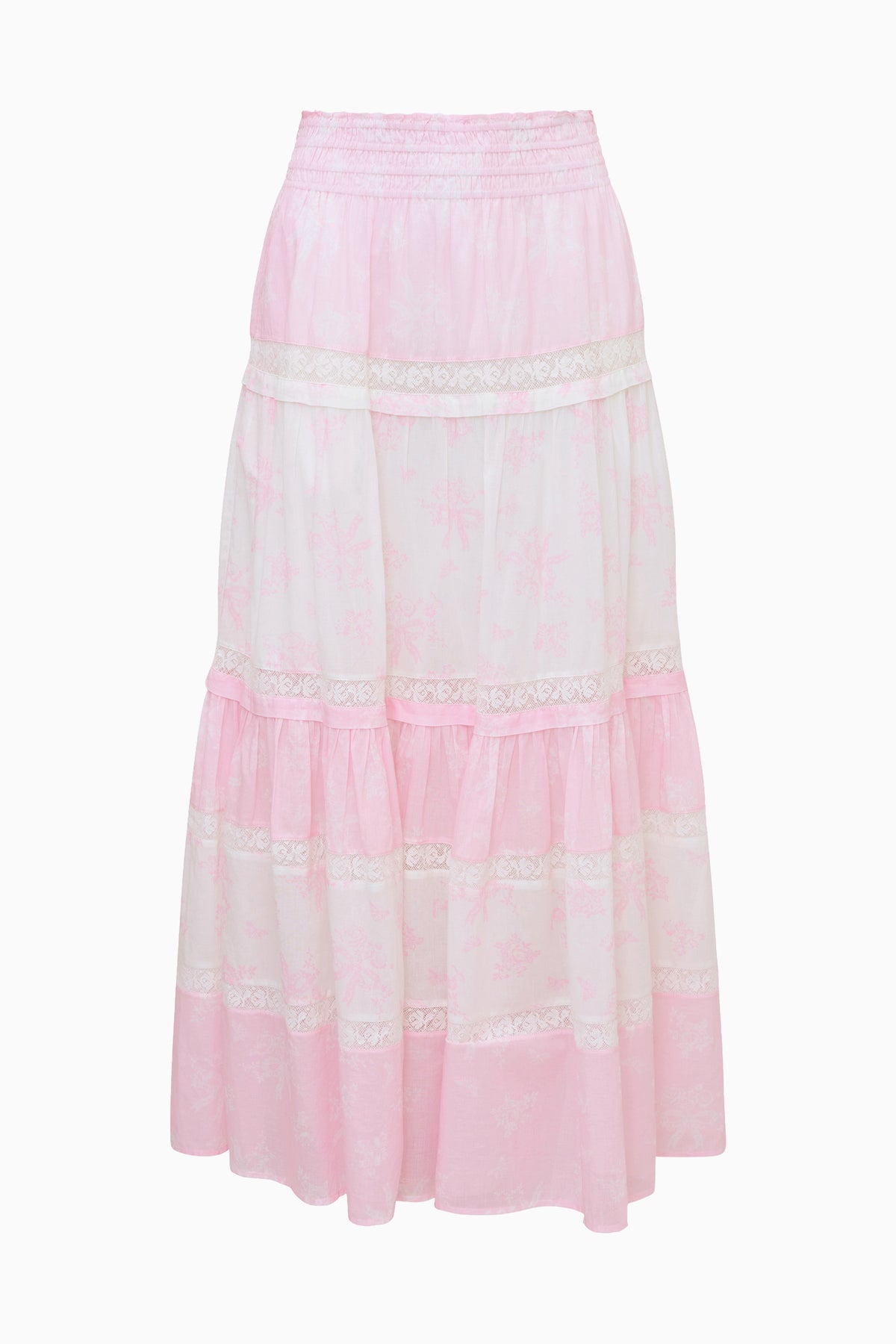 Pink tiered maxi skirt close-up with ruffled layers and mixed print fabric