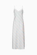Light blue and white striped maxi dress with spaghetti straps, sleeveless