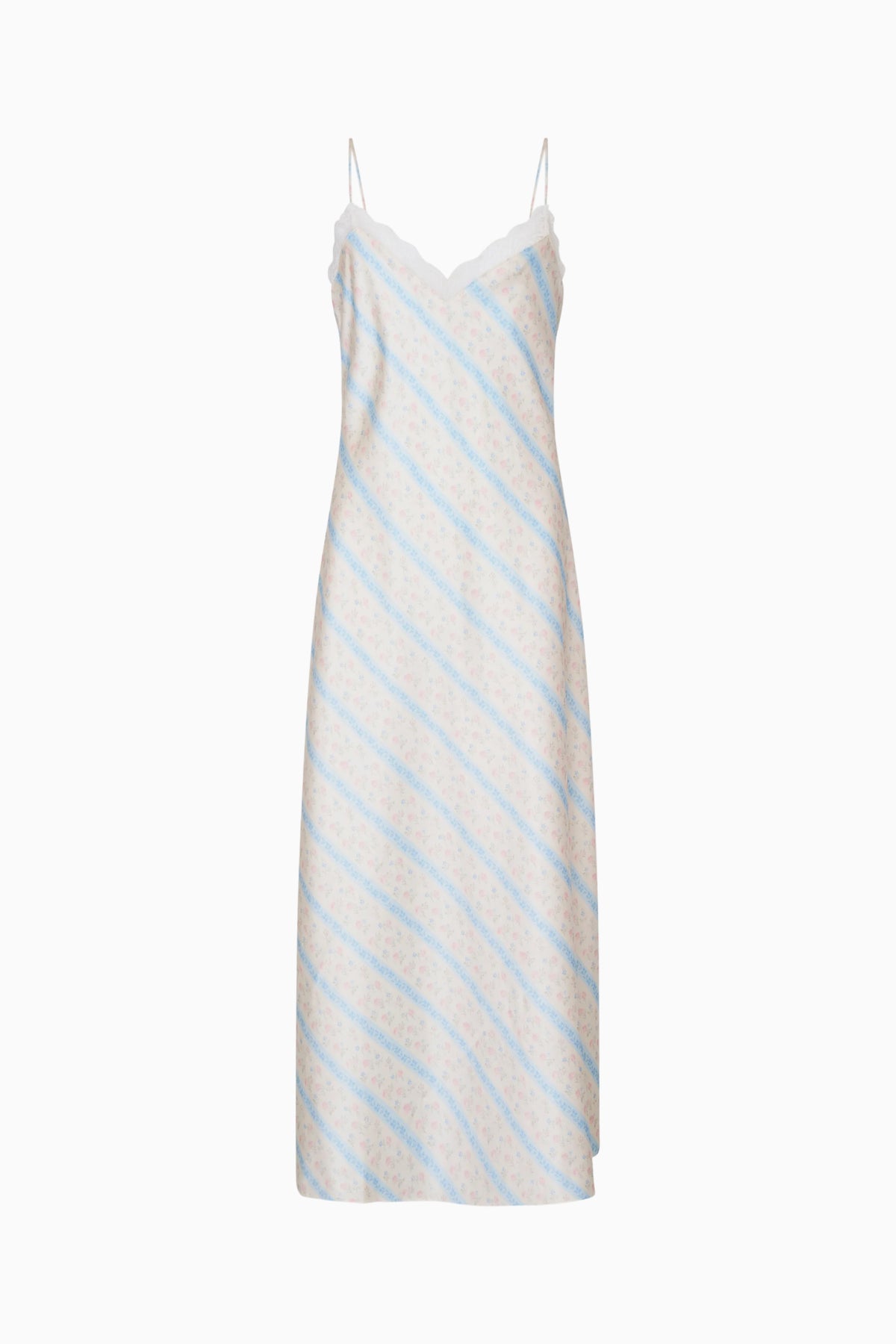 Light blue and white striped maxi dress with spaghetti straps, sleeveless