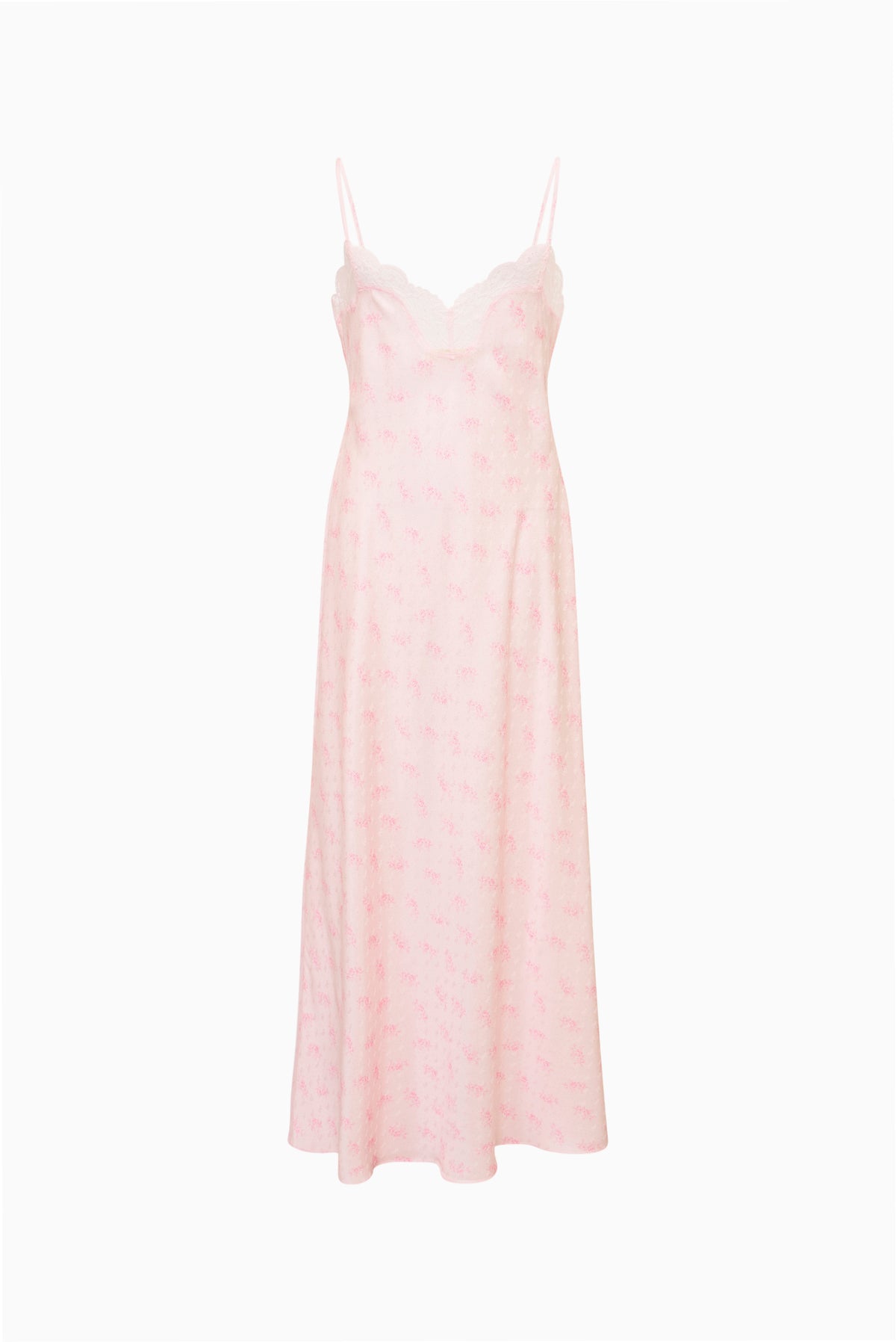 Tween silk-blend slip dress, pale pink floral print with narrow shoulder straps and midi length