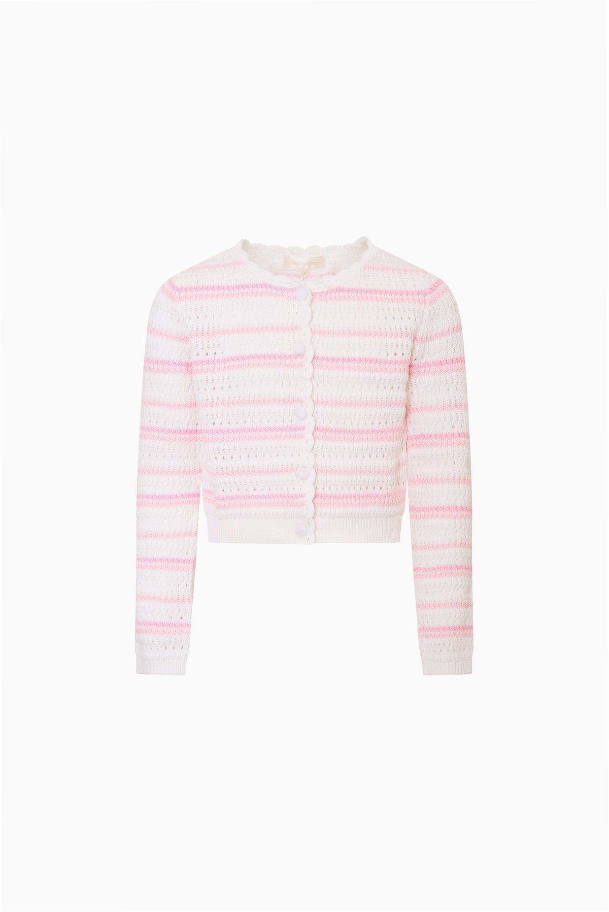 Tween crochet cardigan, pink-and-white horizontal stripe, button-front, long sleeves