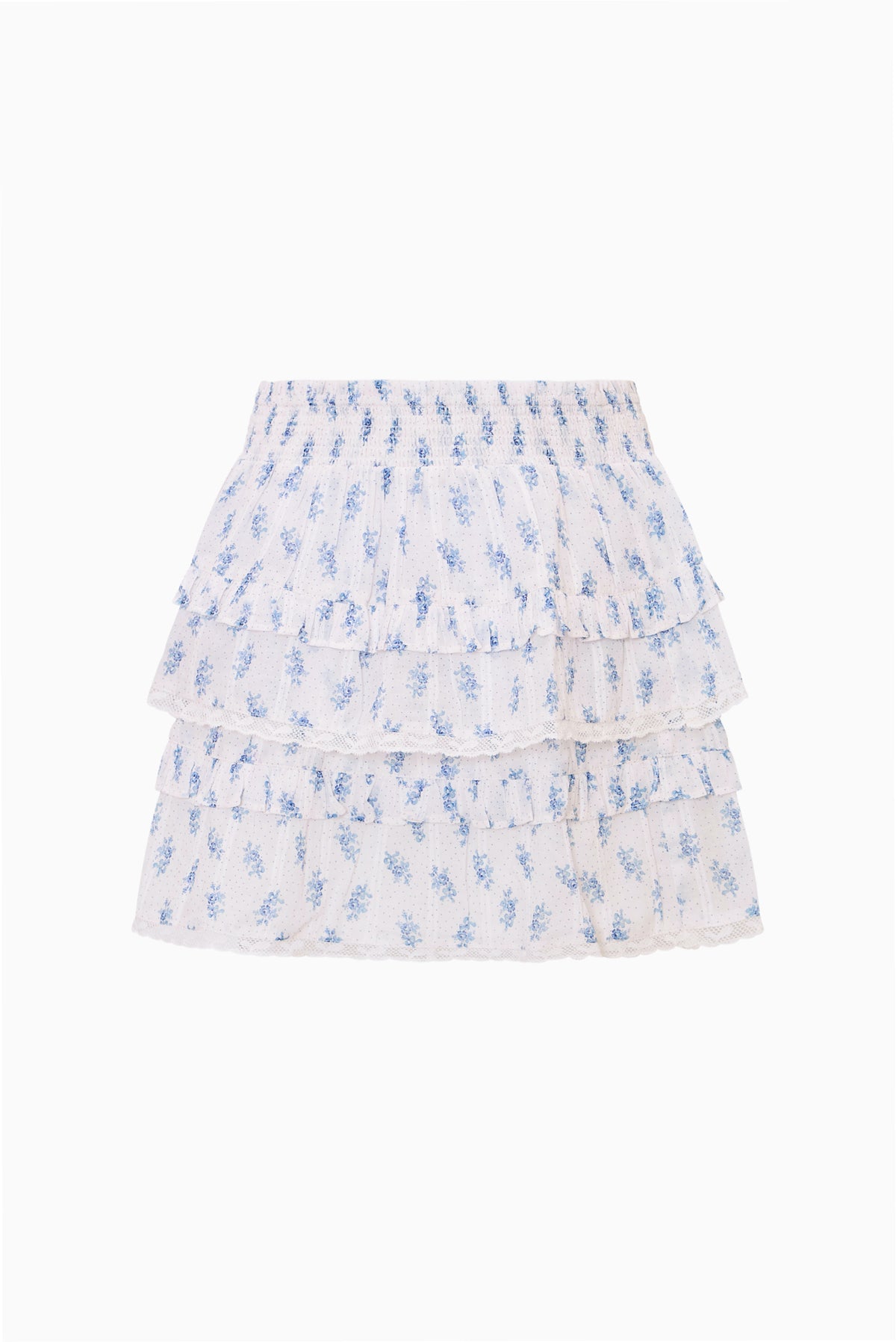 Tiered ruffle mini skirt in light blue with small print