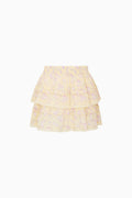 Lemon-yellow tiered ruffle skirt with small floral print