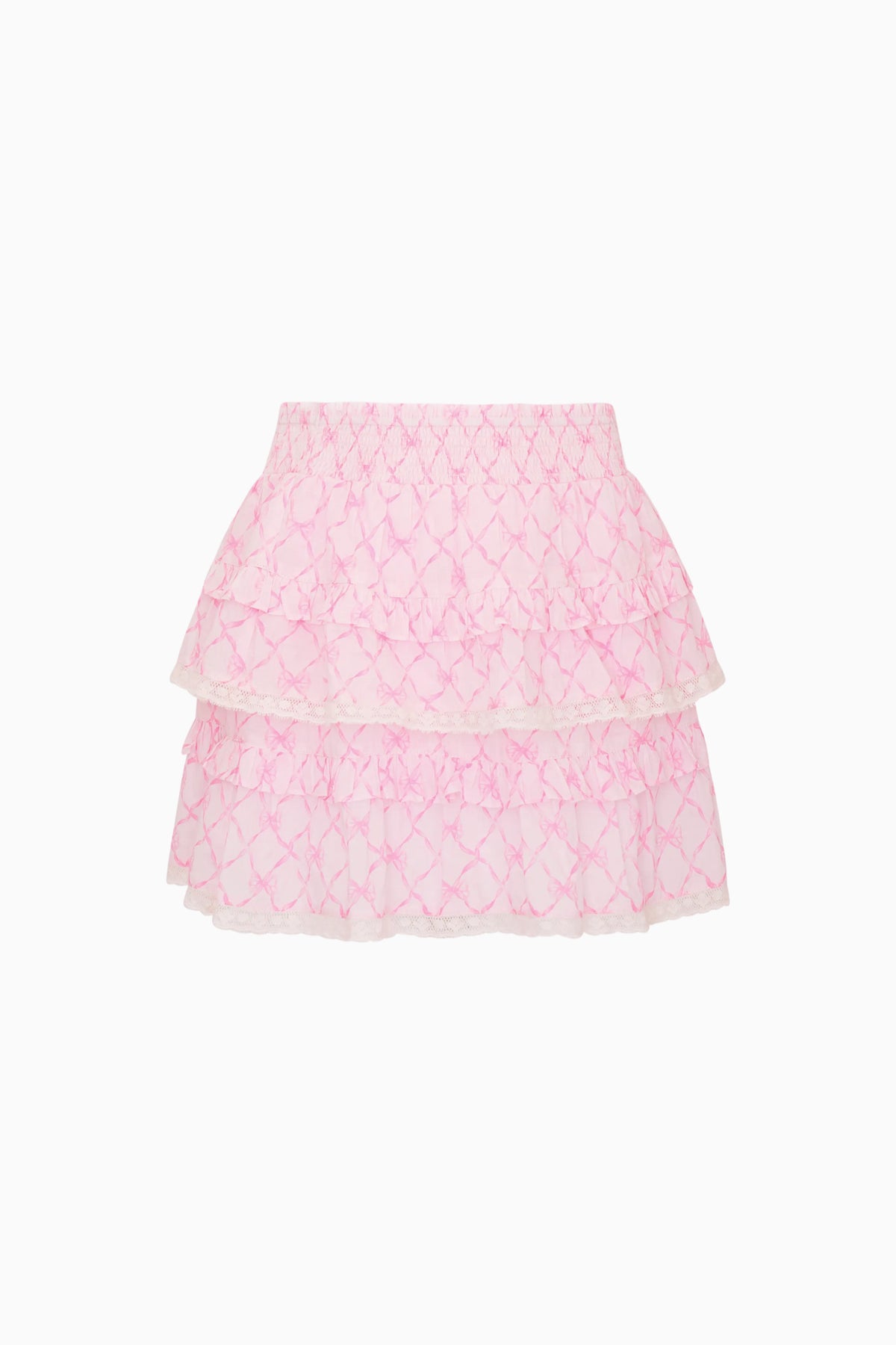 Pink lattice ruffle tier mini skirt with elastic waistband