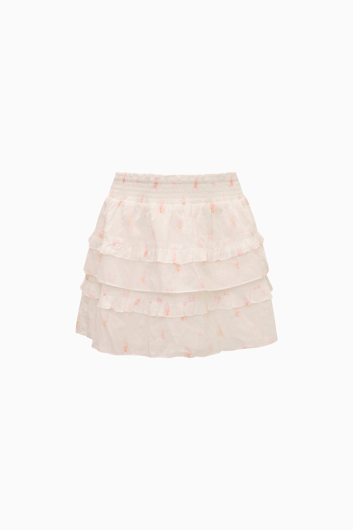 Tiered twirl skirt with pink icing print on light fabric, elastic waistband