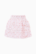 Tiered ruffle tween skirt in white with red and pink stripe pattern