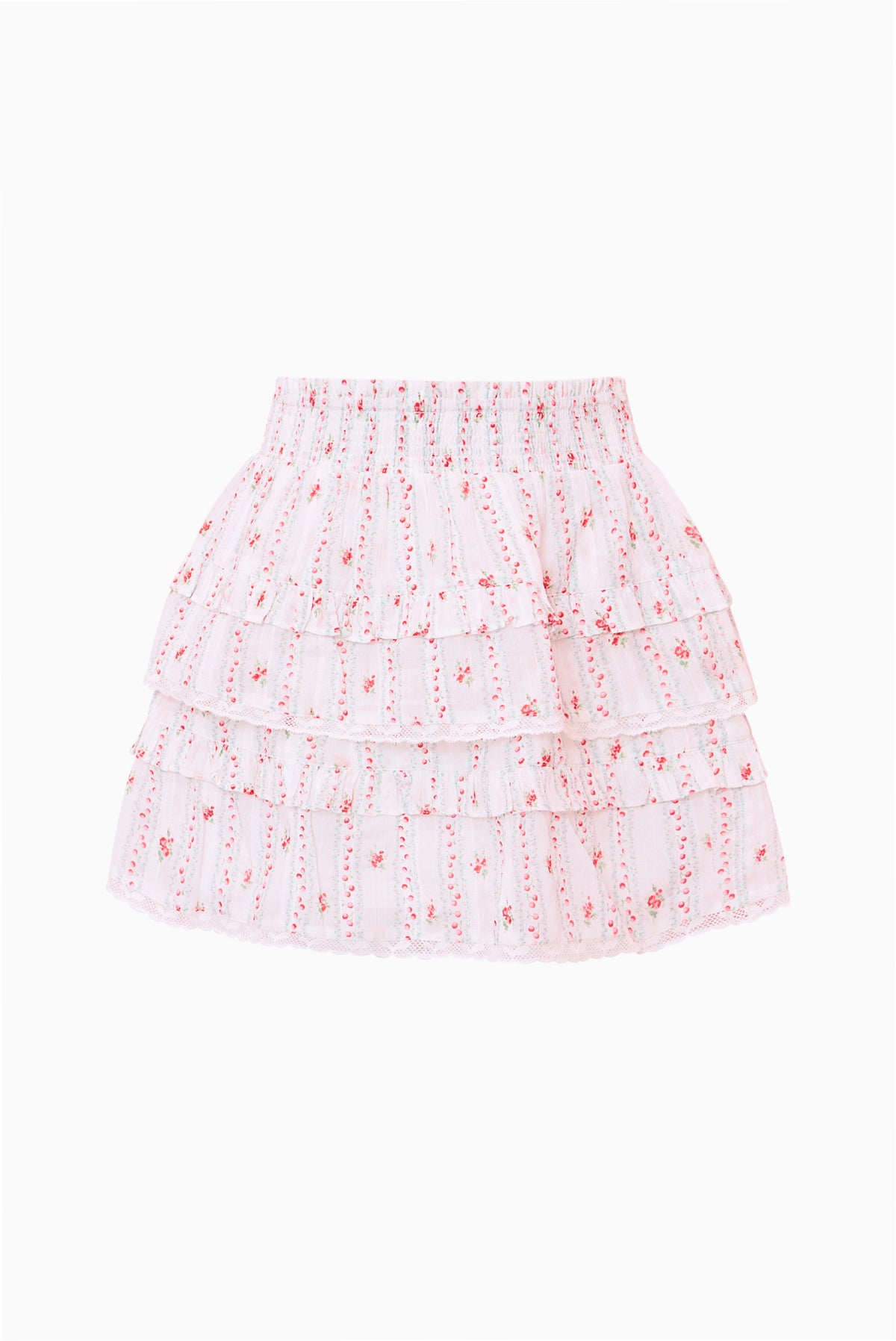 Tiered ruffle tween skirt in white with red and pink stripe pattern
