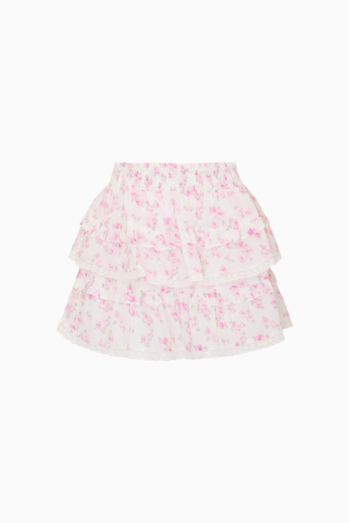 Pink floral tiered ruffle skirt with layered, peplum-style tiers