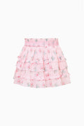 Girls pink floral tiered ruffle mini skirt, full skirt view