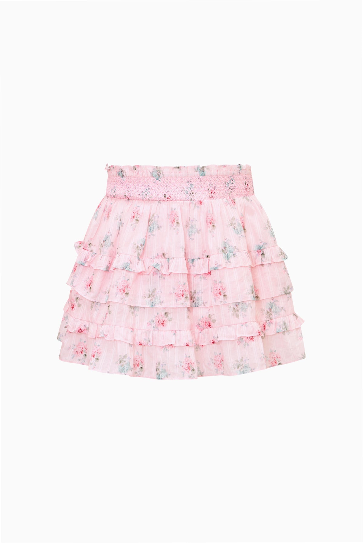 Girls pink floral tiered ruffle mini skirt, full skirt view