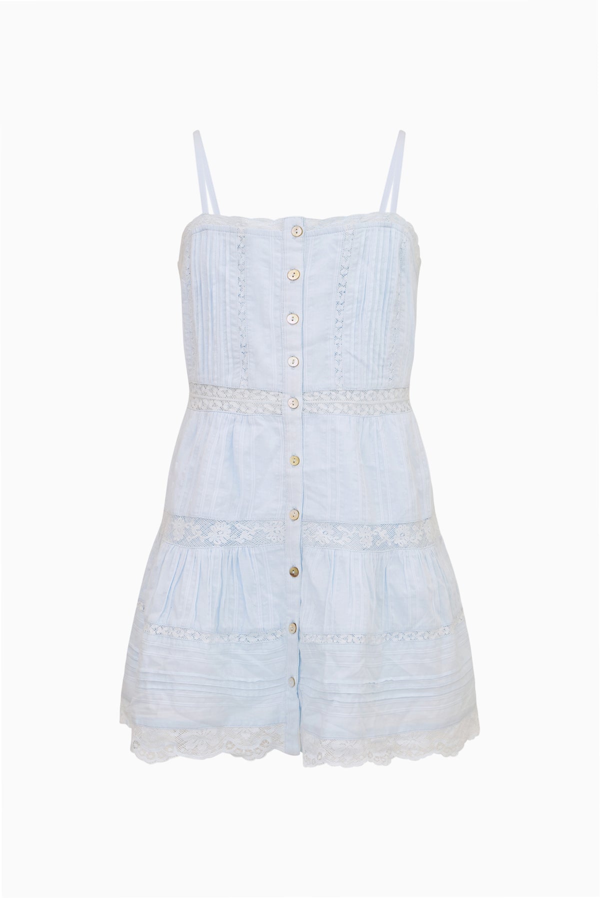 Blue tween mini dress flat lay with spaghetti straps and button-front tiered layers