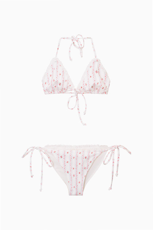 Cherry-striped triangle bikini with tie strings, pinky-red fabric