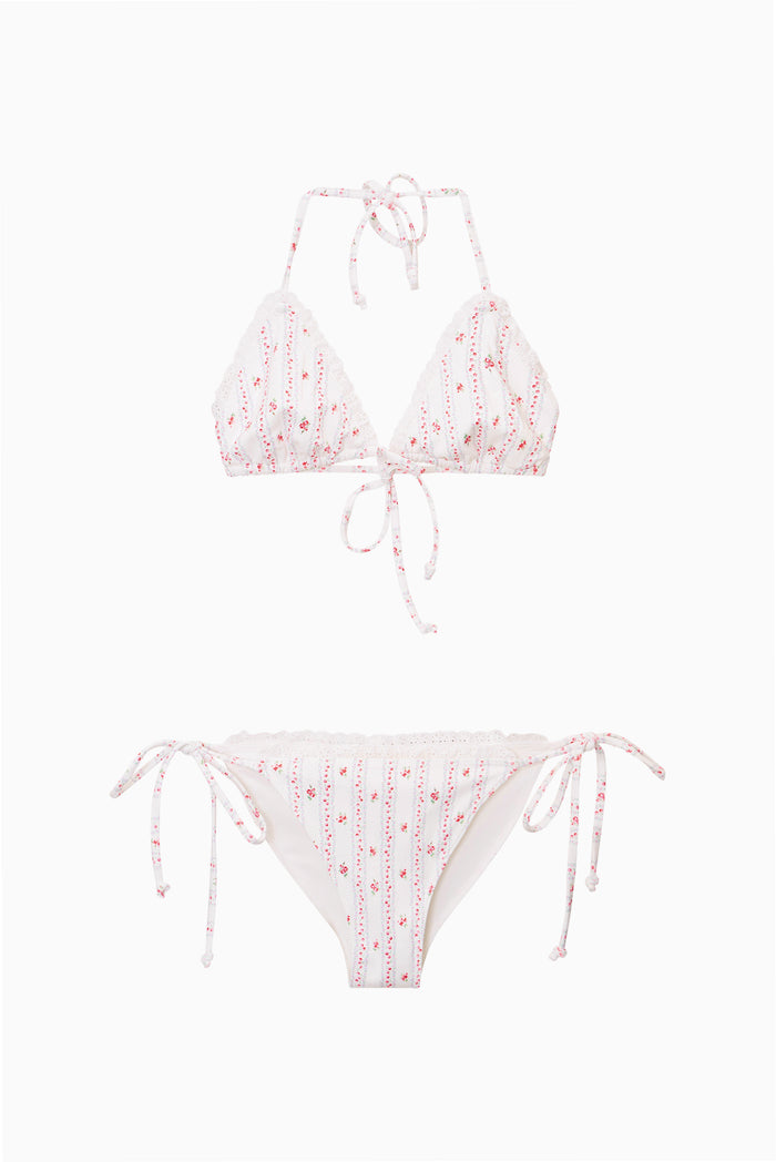 Cherry-striped triangle bikini with tie strings, pinky-red fabric