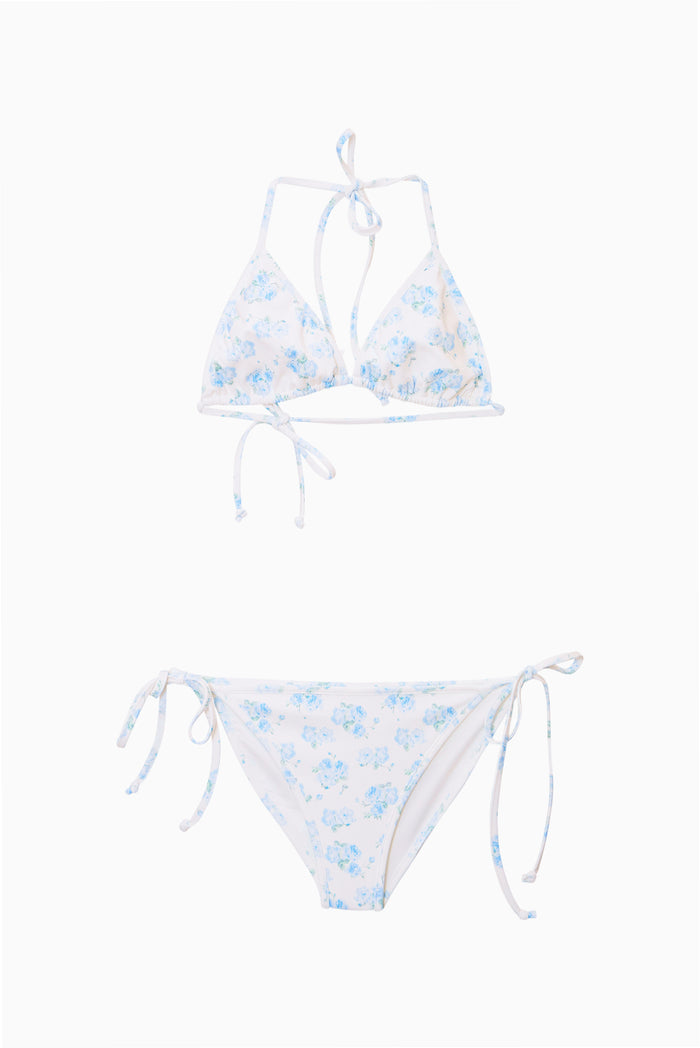 Girls' light blue floral triangle bikini with halter ties and side-tie bottoms