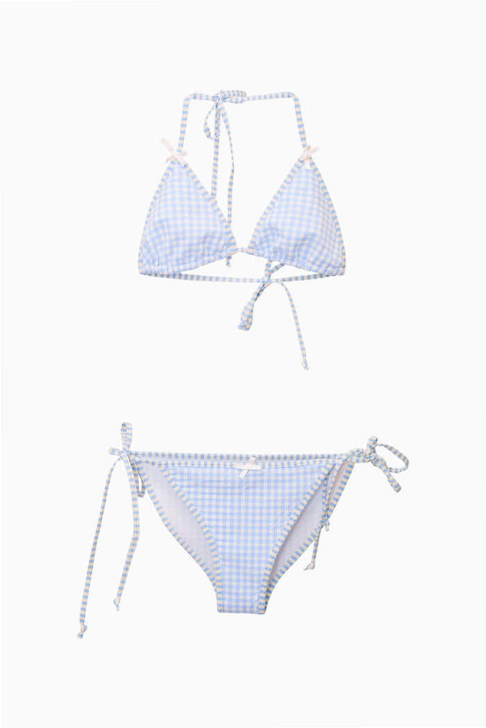 Tween gingham bikini set with halter top and tie-side bottoms, blue