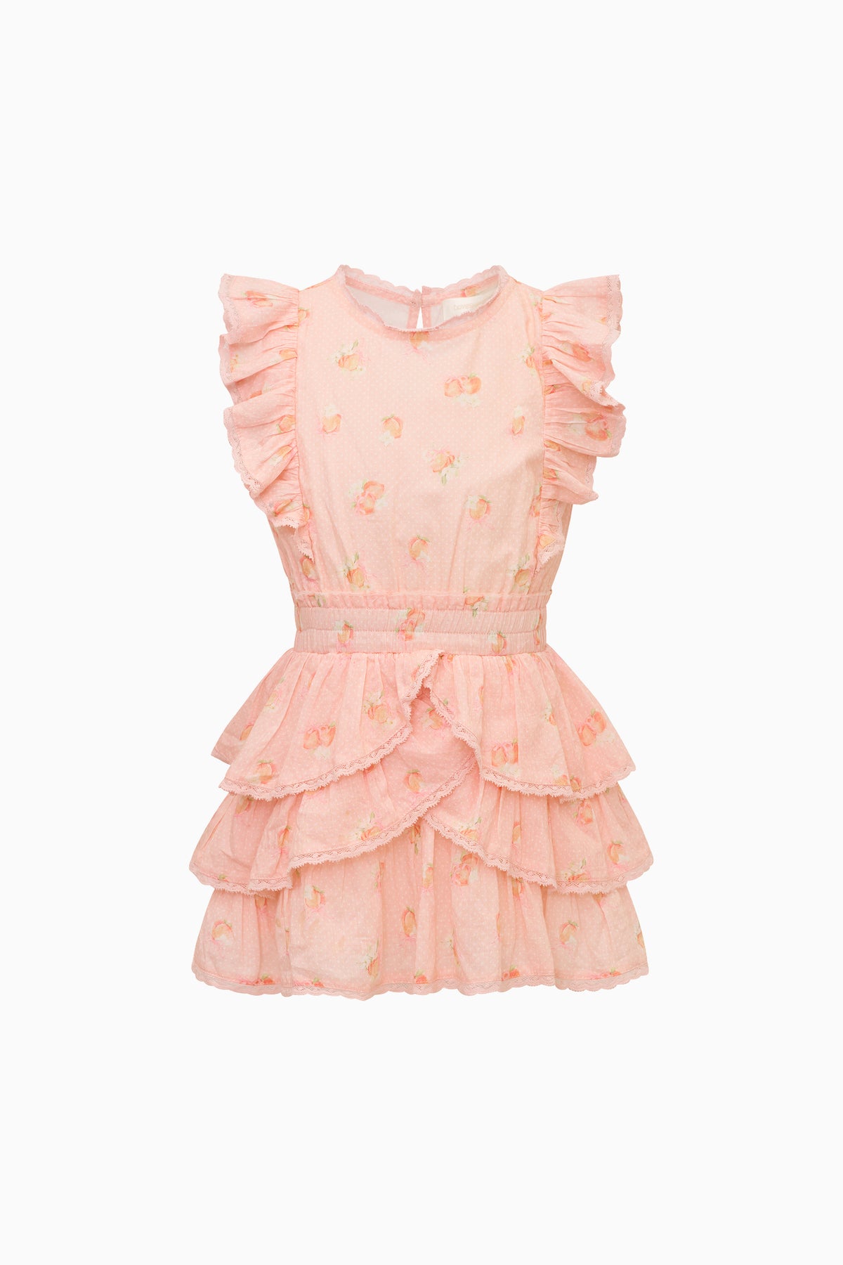 Peach tween dress with ruffled sleeves, tiered skirt, and pom-pom trim
