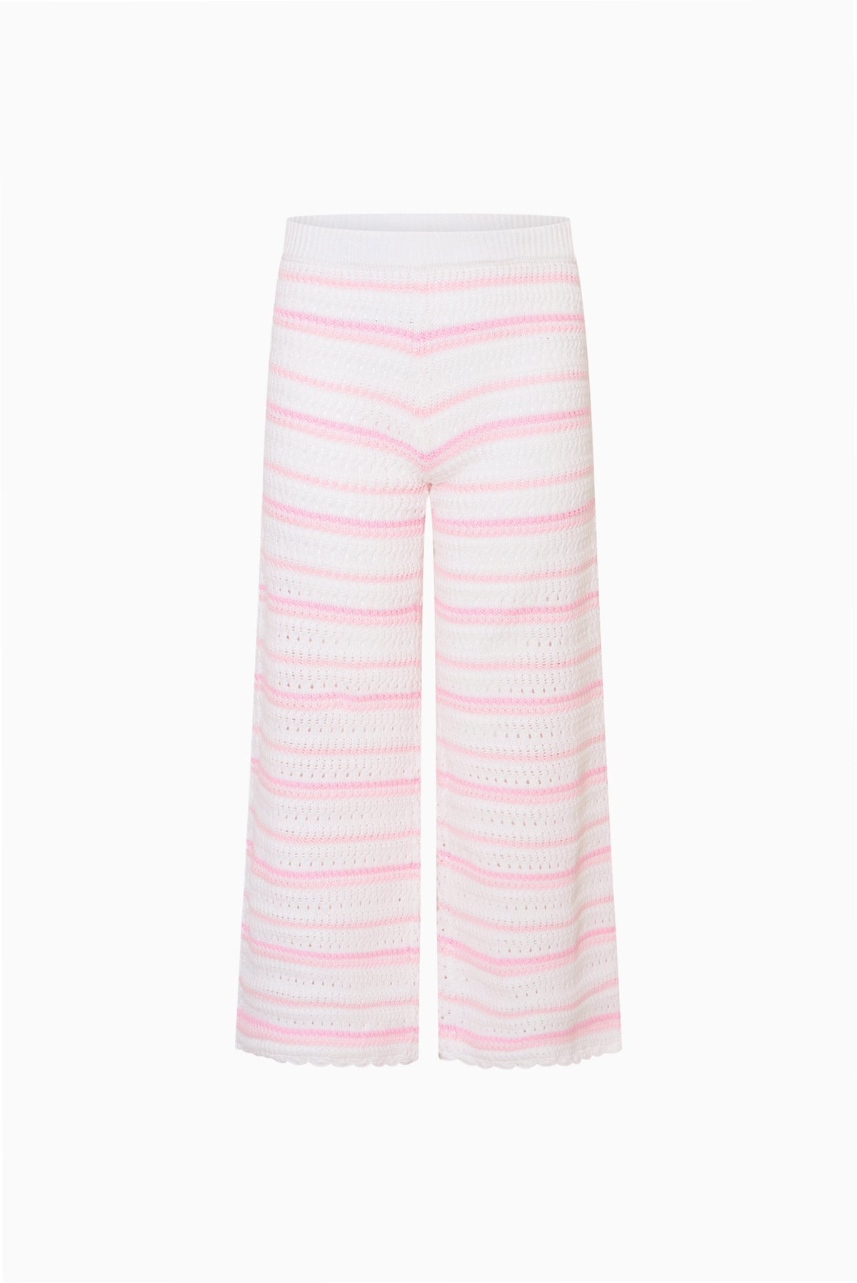 Striped crochet pants in pink and white, wide leg with elastic waist