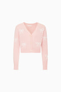 Pink knit cardigan for tweens, bow embroidery, button-front V-neck, long sleeves