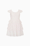 Ivory floral cotton dress with tiered ruffle skirt and cap sleeves