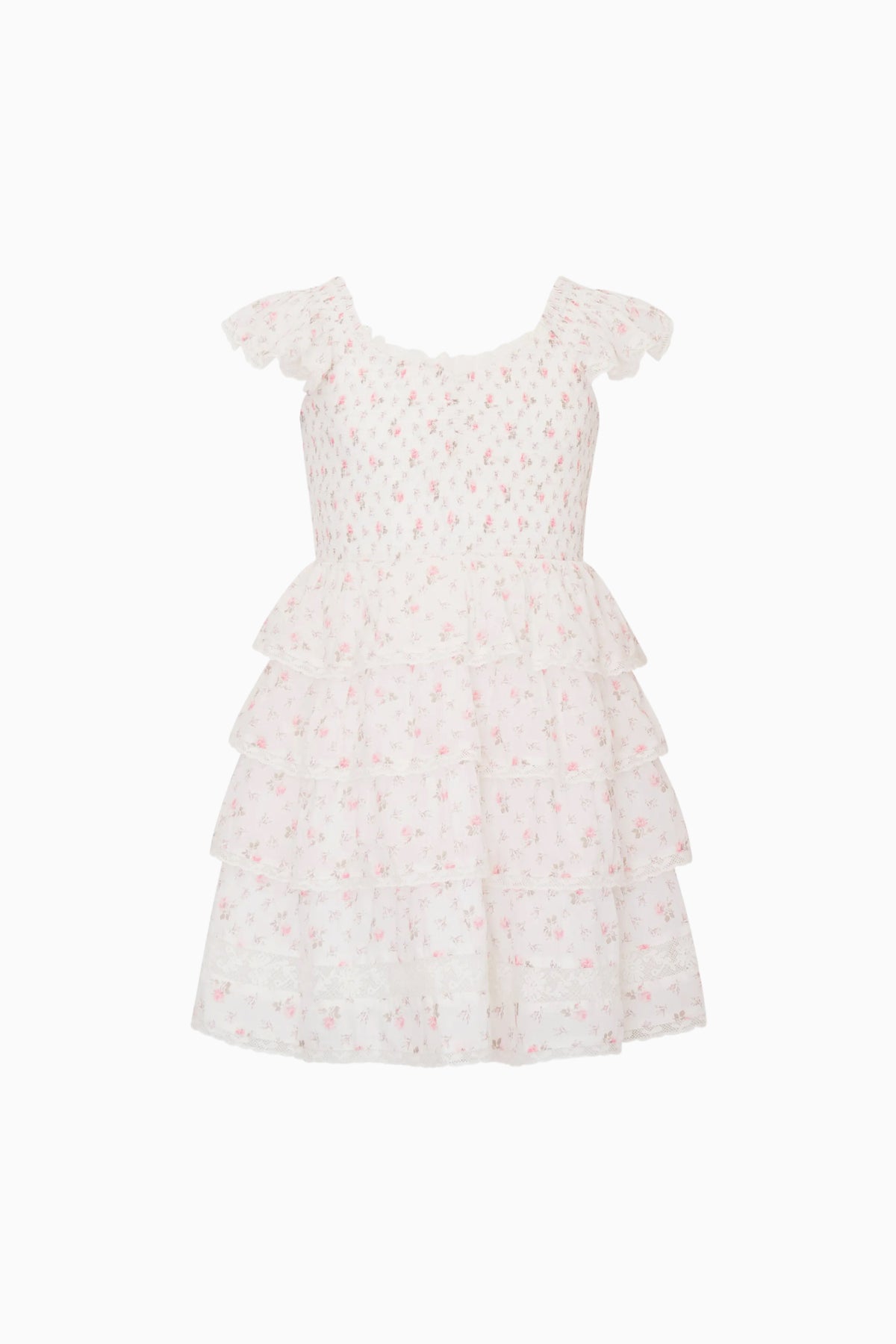 Ivory floral cotton dress with tiered ruffle skirt and cap sleeves