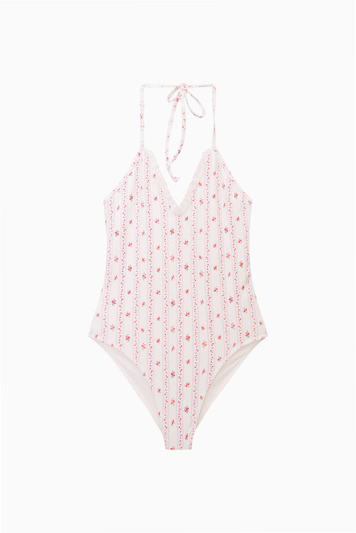 Tween cherry-striped one-piece swimsuit, pink print, halter tie V-neck