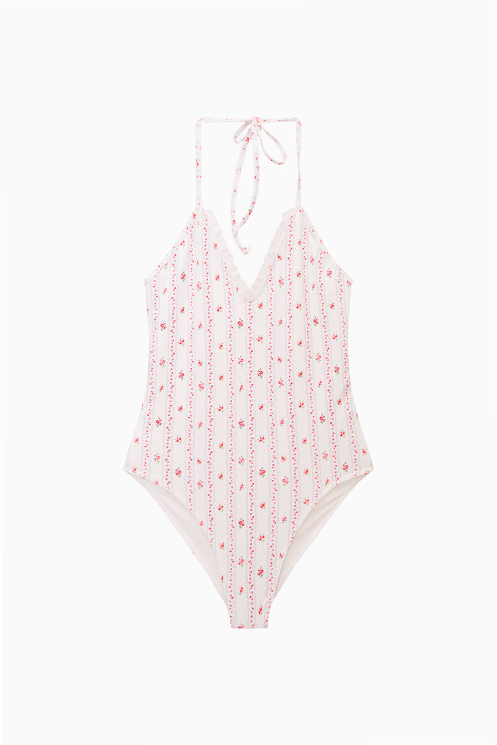 Tween cherry-striped one-piece swimsuit, pink print, halter tie V-neck