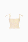 Tween floral top with bow tie shoulder straps, smocked bust, layered ruffle hem