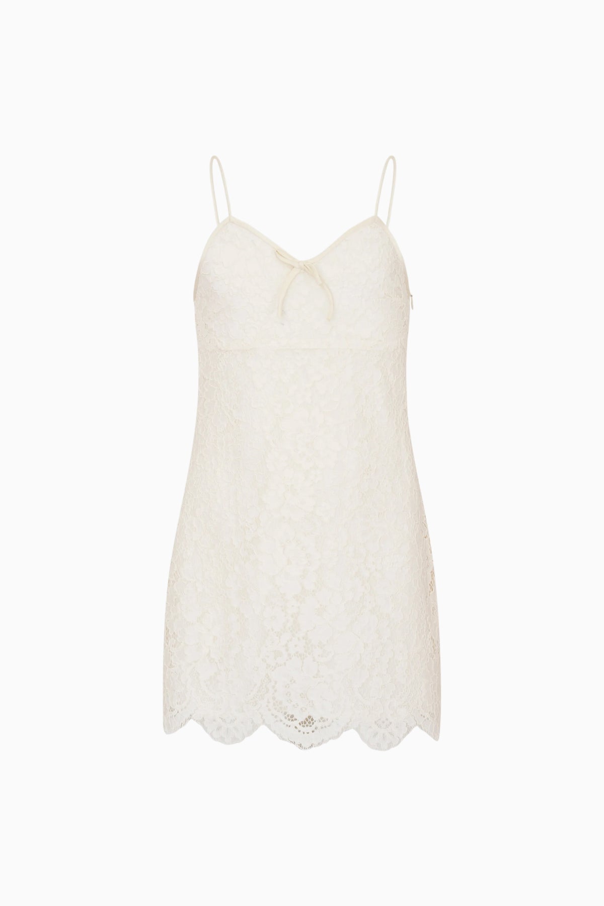 Ivory lace mini dress with thin spaghetti straps and scalloped hem
