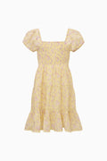 Yellow floral tiered dress with square neckline and puff sleeves, knee length