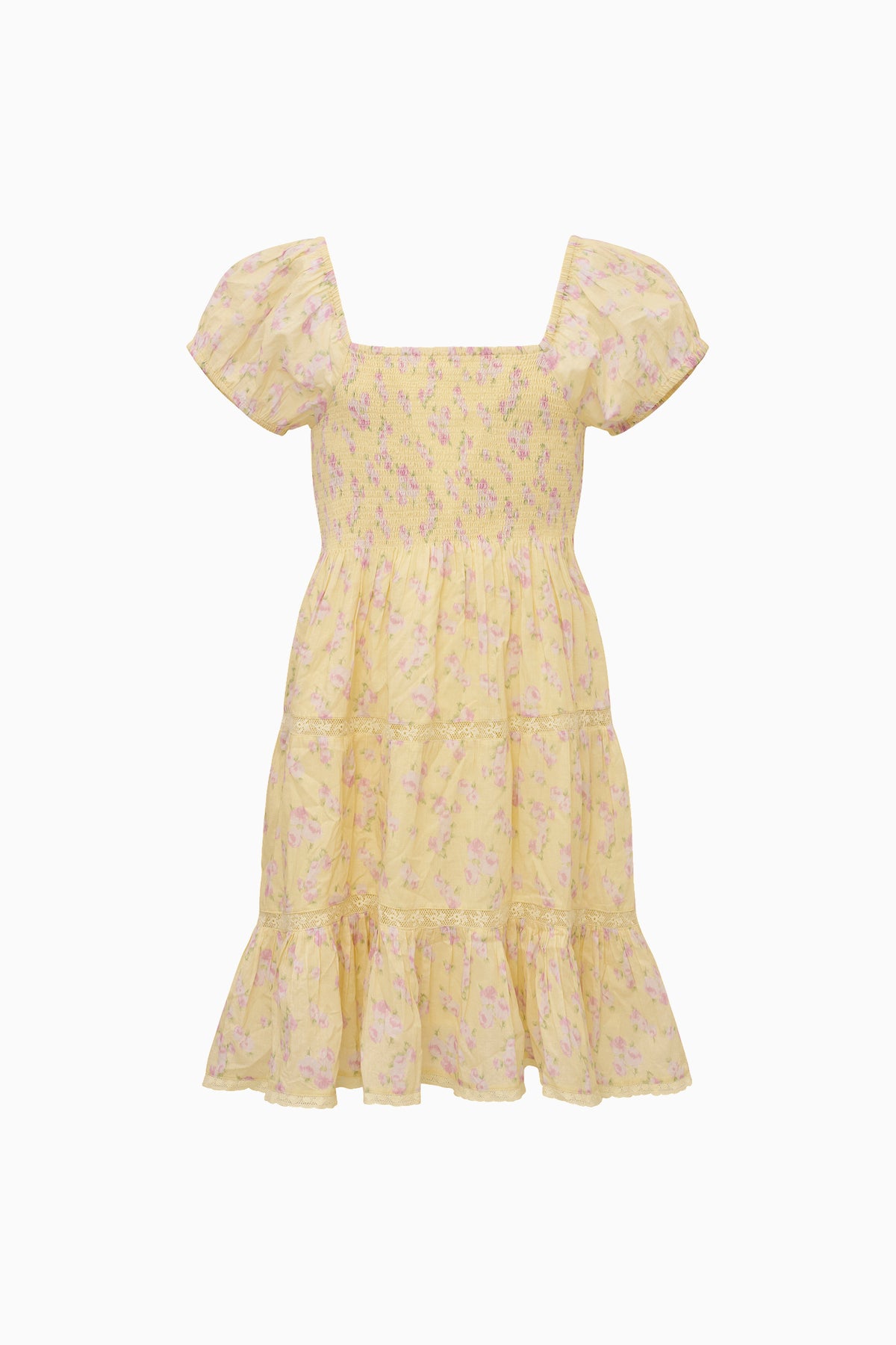 Yellow floral tiered dress with square neckline and puff sleeves, knee length