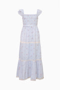 Sky mist striped floral tiered dress with square neckline and cap sleeves