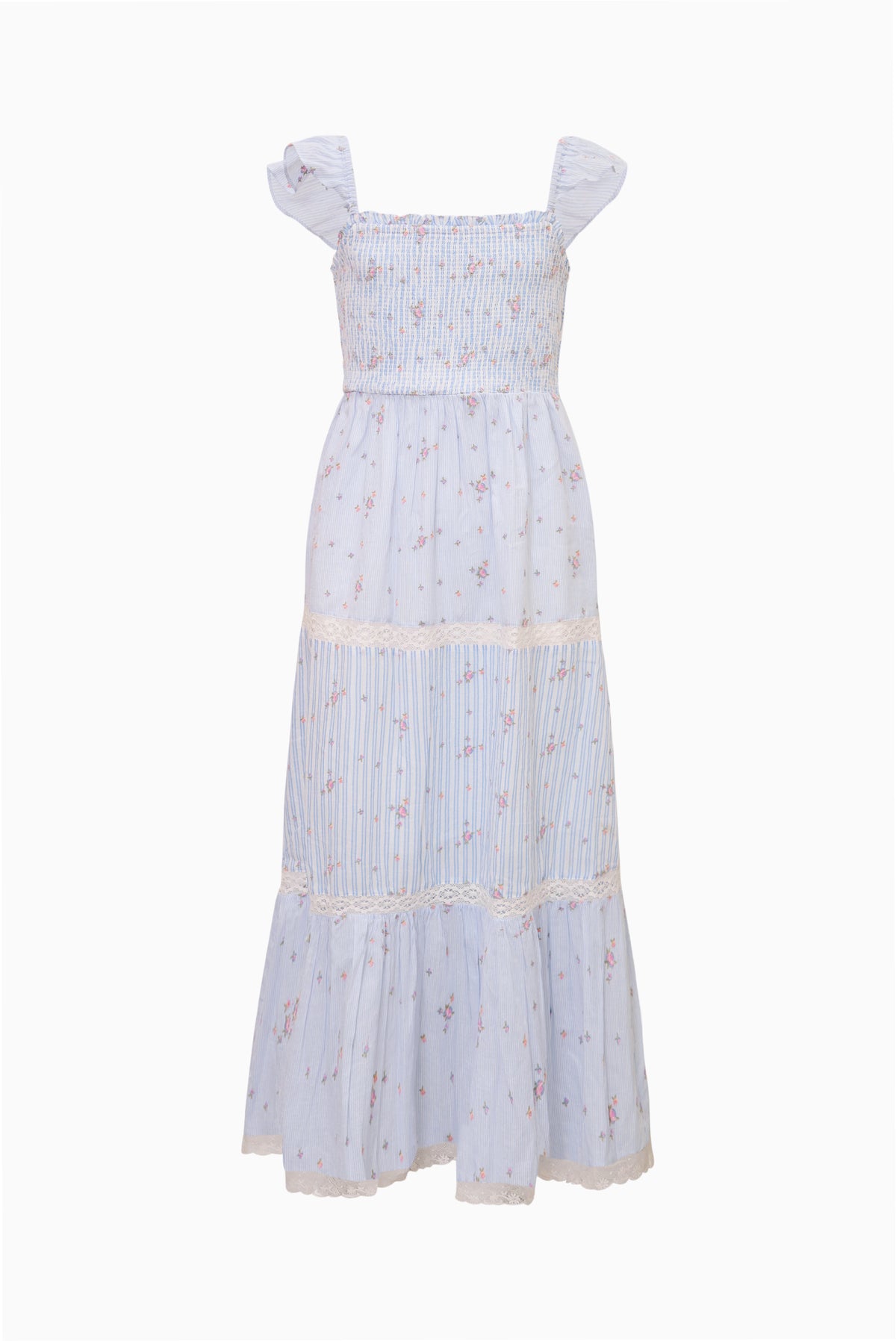 Sky mist striped floral tiered dress with square neckline and cap sleeves
