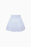 Tween mini skirt in light blue with tiered panels and lace scallop hem