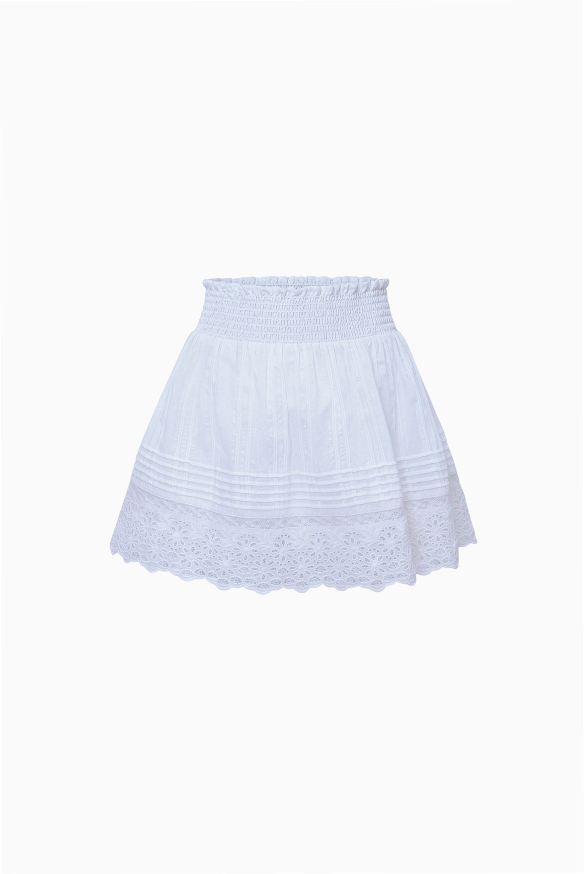 Tween mini skirt in light blue with tiered panels and lace scallop hem