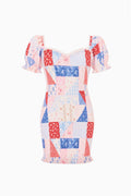 Tween patchwork mini dress with off-shoulder neckline, blue and red blocks, short puff sleeves